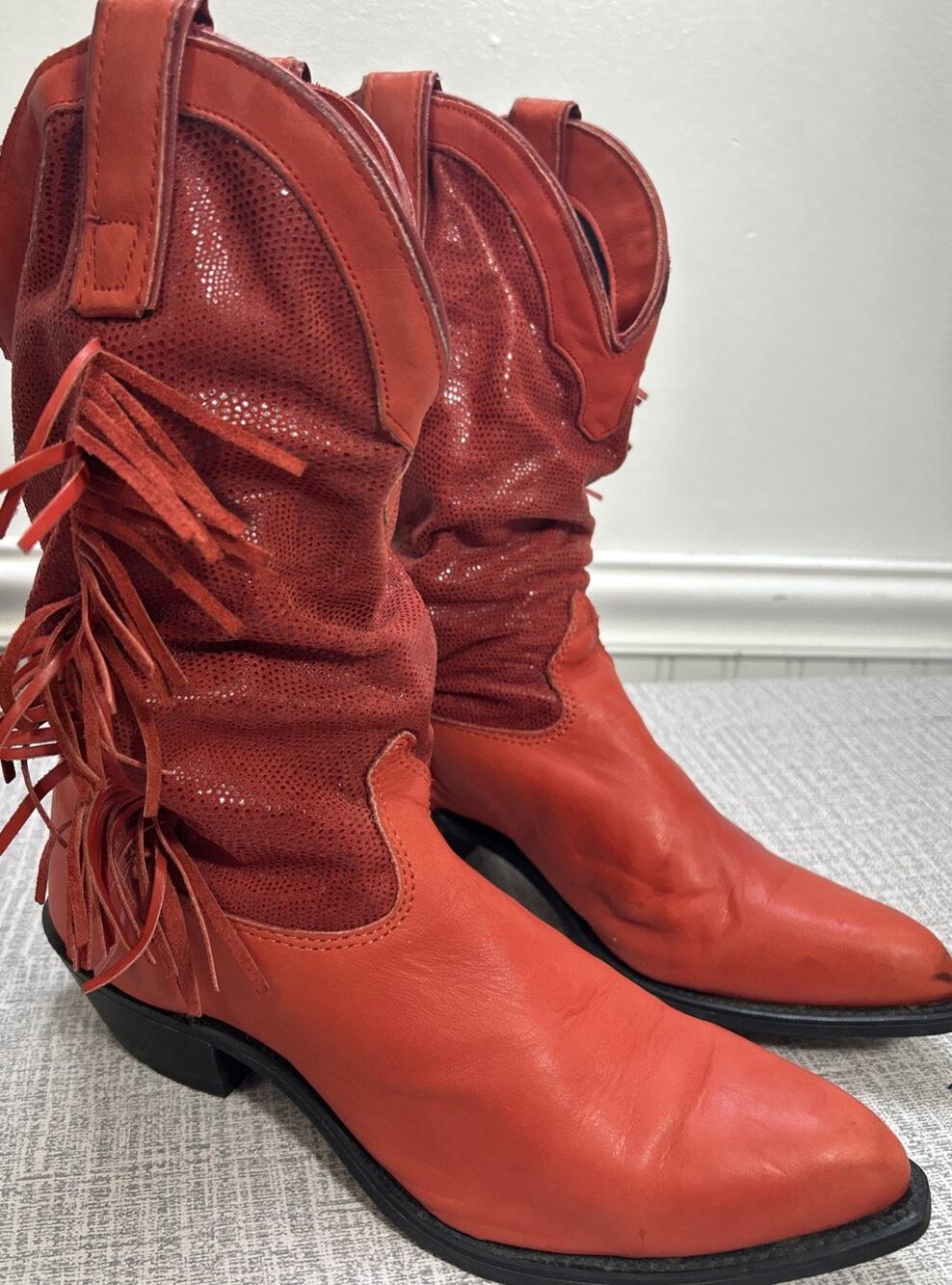 VTG Wrangler Women’s Red Leather Western Cowboy Boots 10 Fringe 80s Festival